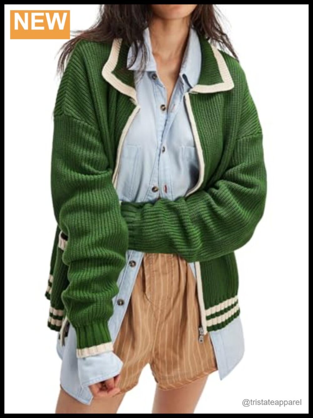 Knit Zip Up Cardigan Sweater Women Oversized Slouchy Contrast Trim Long Sleeve